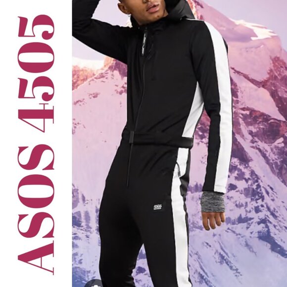 NWT ASOS 4505 MEN’S BLACK SKI SUIT BELTED HOOD WHITE RACING STRIPE MONOCHROME, S - Picture 3 of 16